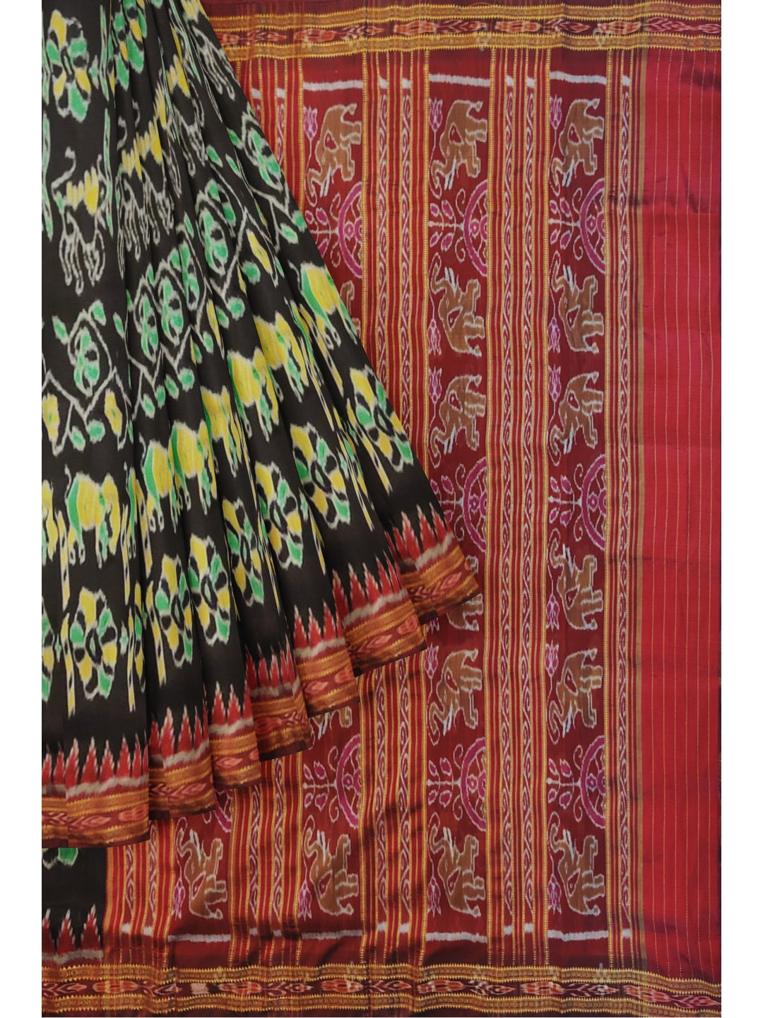 Black Khandua Silk Saree with elephant and flower woven motifs