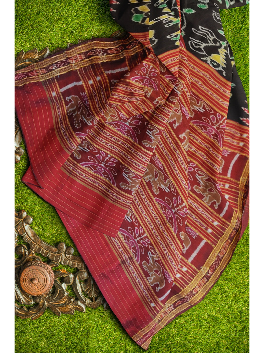 Black Khandua Silk Saree with elephant and flower woven motifs