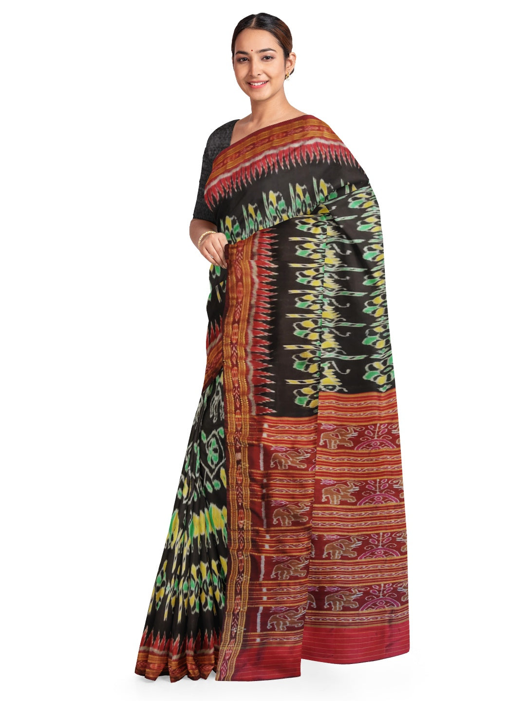 Black Khandua Silk Saree with elephant and flower woven motifs