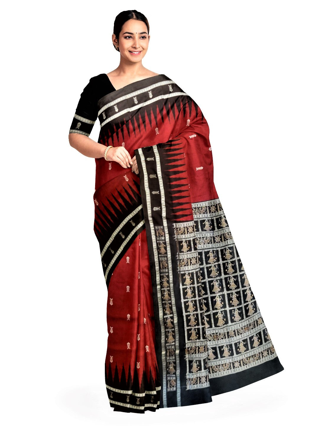 Maroon and Black Bomkai Silk Saree with fish motifs