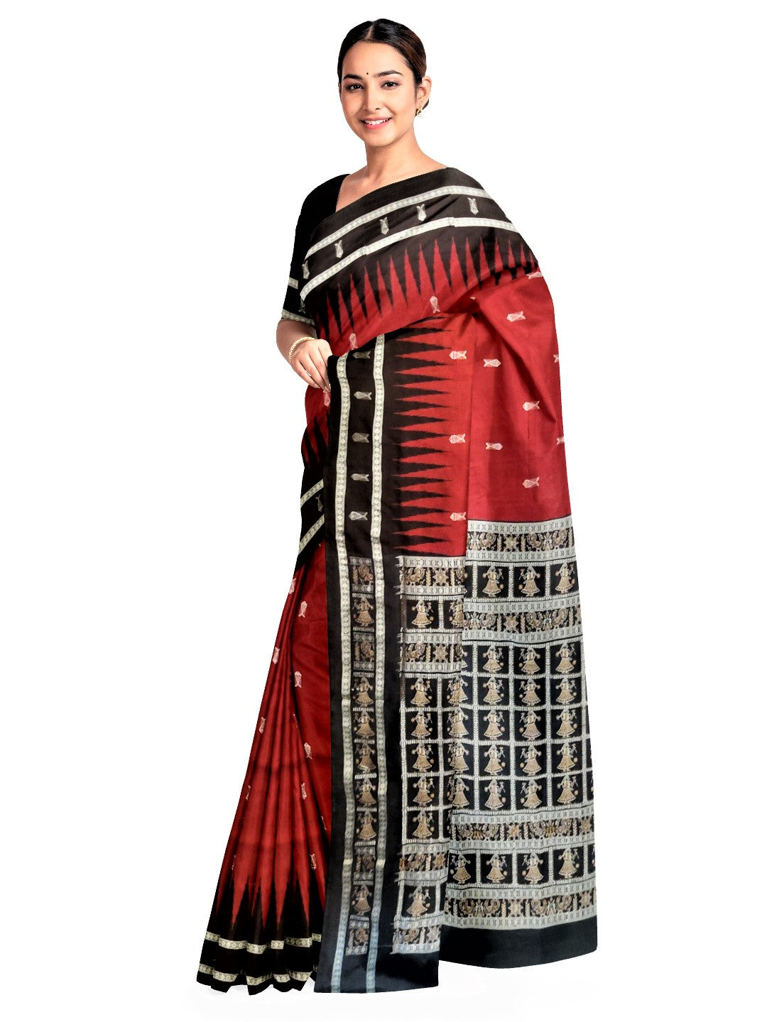 Maroon and Black Bomkai Silk Saree with fish motifs