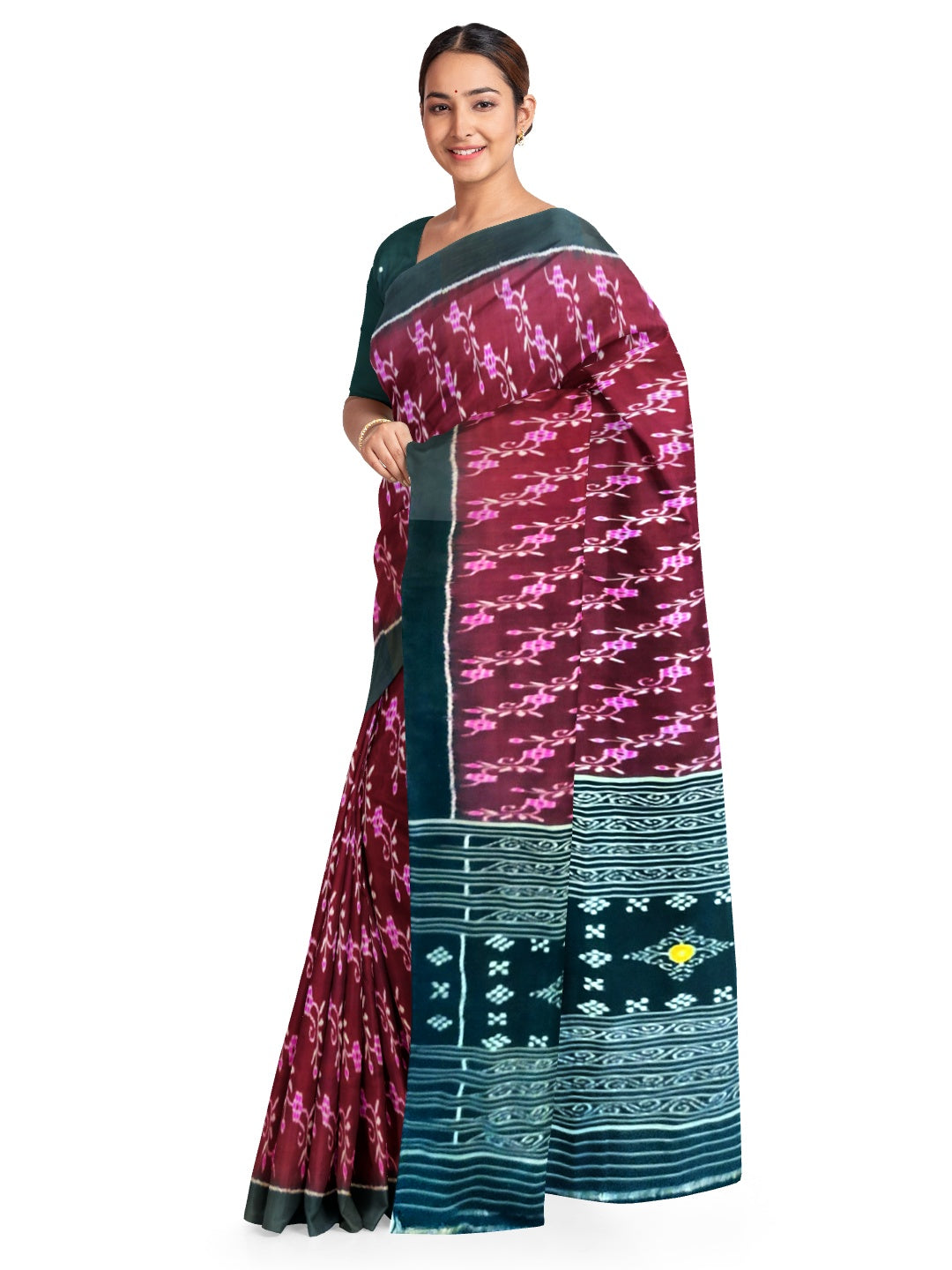 Burgundy Odisha Sambalpuri Silk Saree with running black buta blouse piece