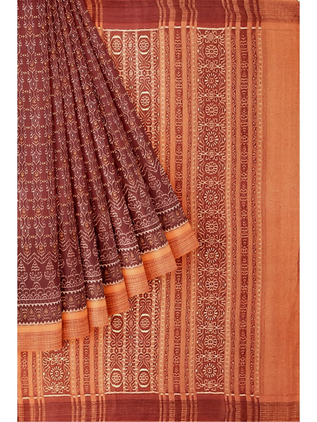 Brown and Rust Cotton Sambalpuri Bomkai  Saree with running contrast blouse piece