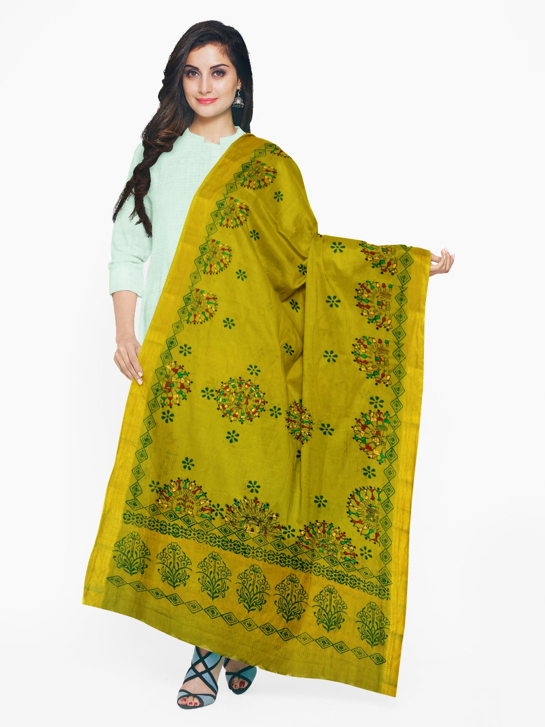 OliveGreen Khadi Cotton Dupatta with hand block print