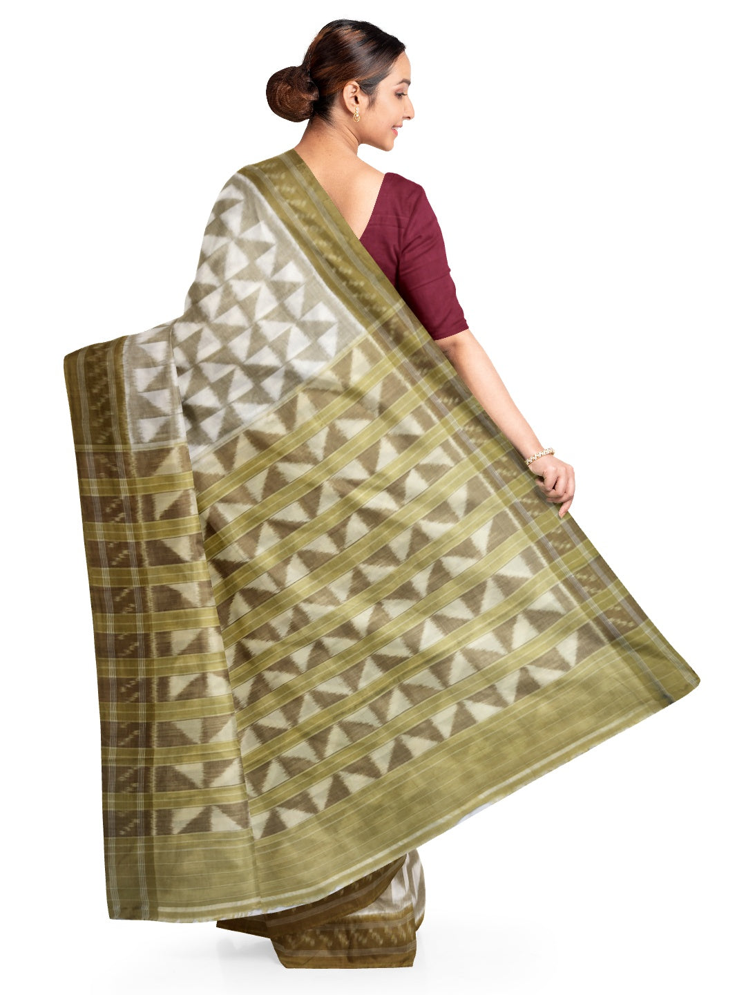 Off-white and GreenYellow Odisha ikat saree with geometric pattern woven motifs
