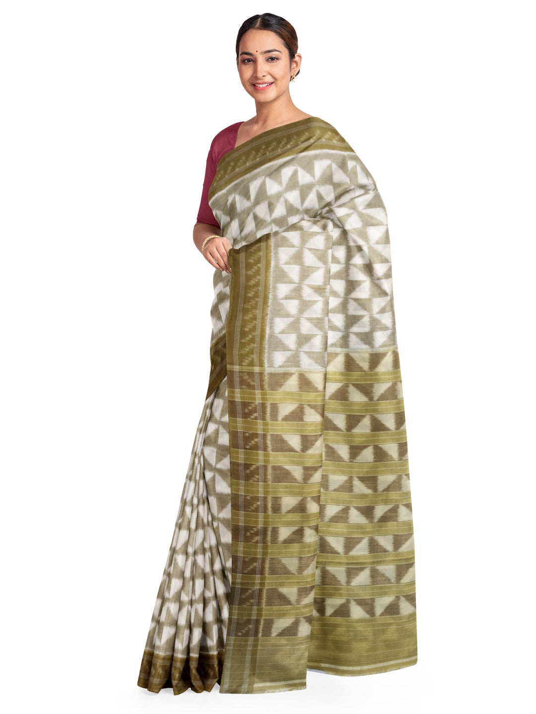 Off-white and GreenYellow Odisha ikat saree with geometric pattern woven motifs