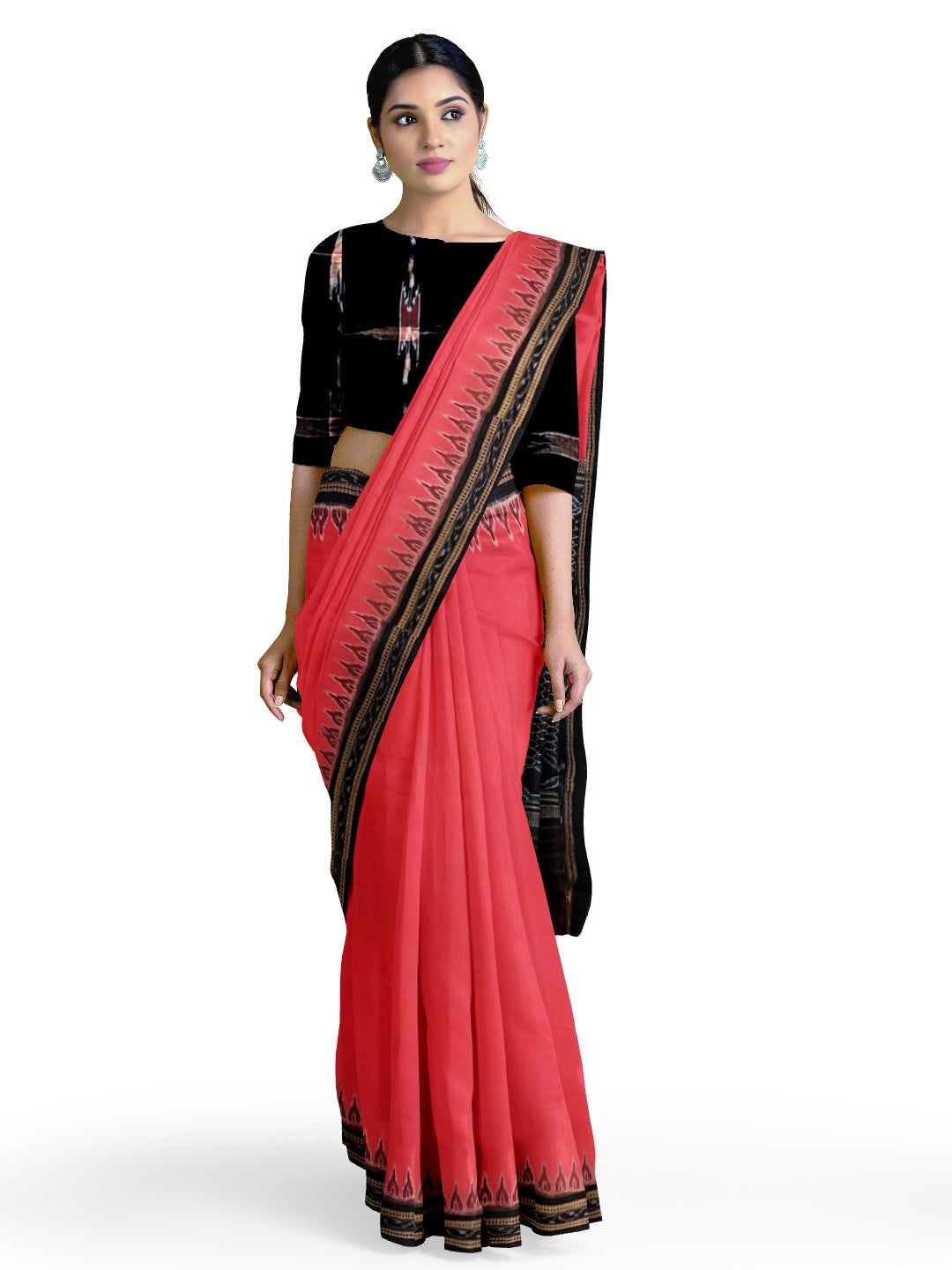 Pink Cotton Sambalpuri ikat Saree with matching Sambalpuri ikat cotton blouse piece