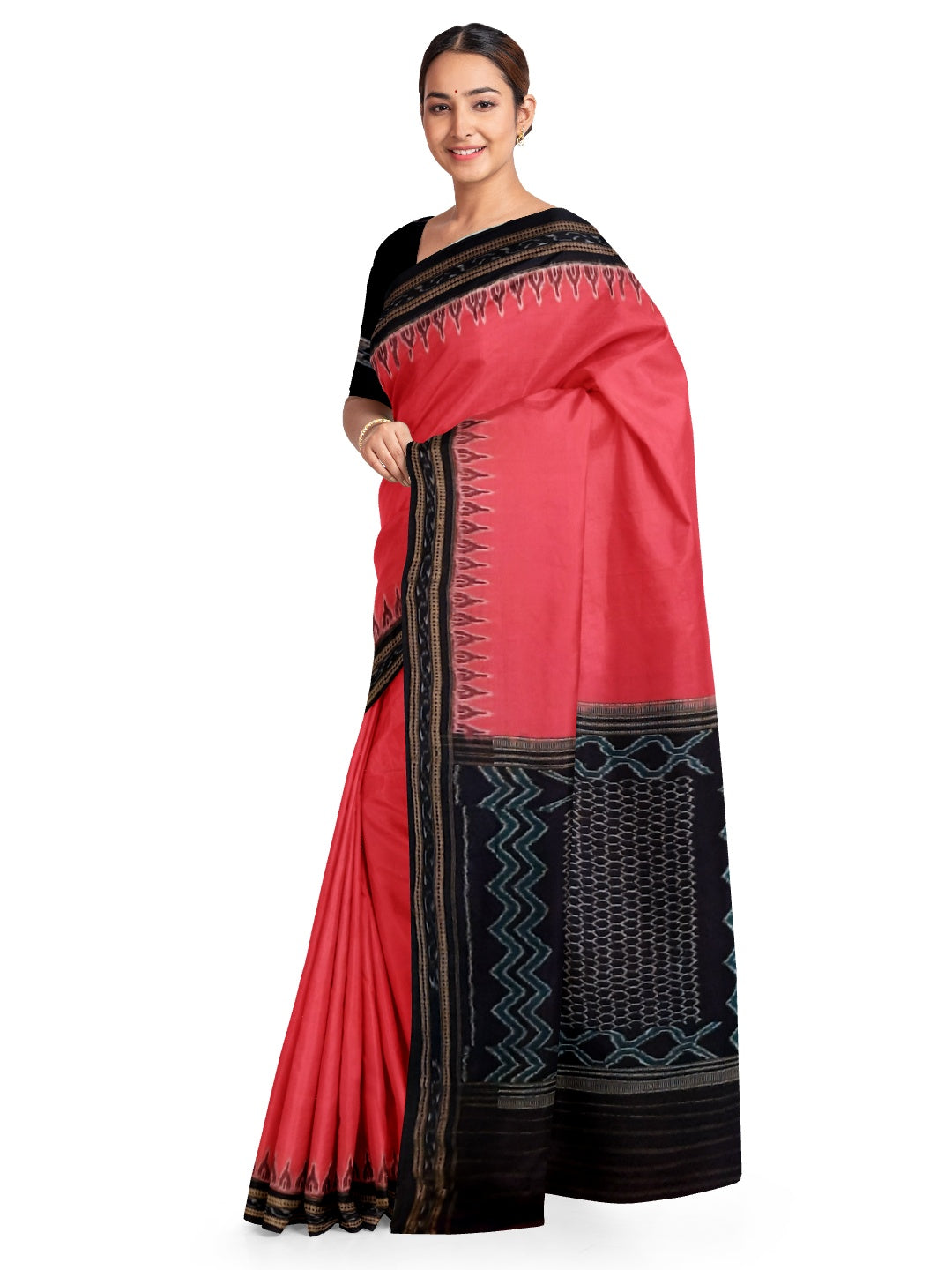 Pink Cotton Sambalpuri ikat Saree with matching Sambalpuri ikat cotton blouse piece