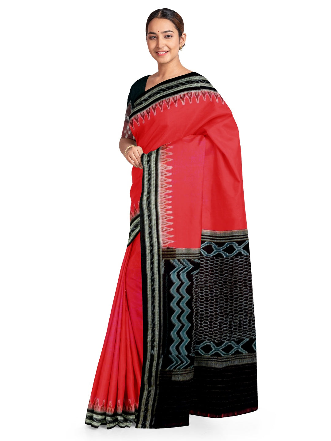 Red cotton Sambalpuri ikat Saree with matching Sambalpuri ikat cotton blouse piece