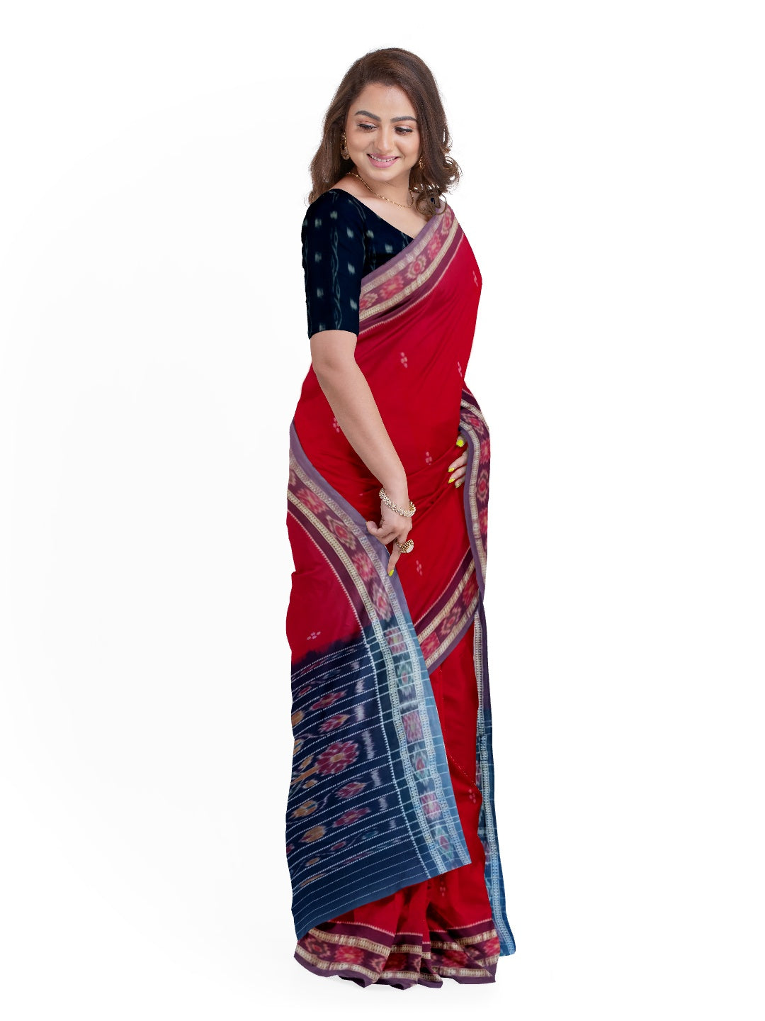 Red Cotton Odisha Ikat Saree with mix match Sambalpuri ikat blouse piece