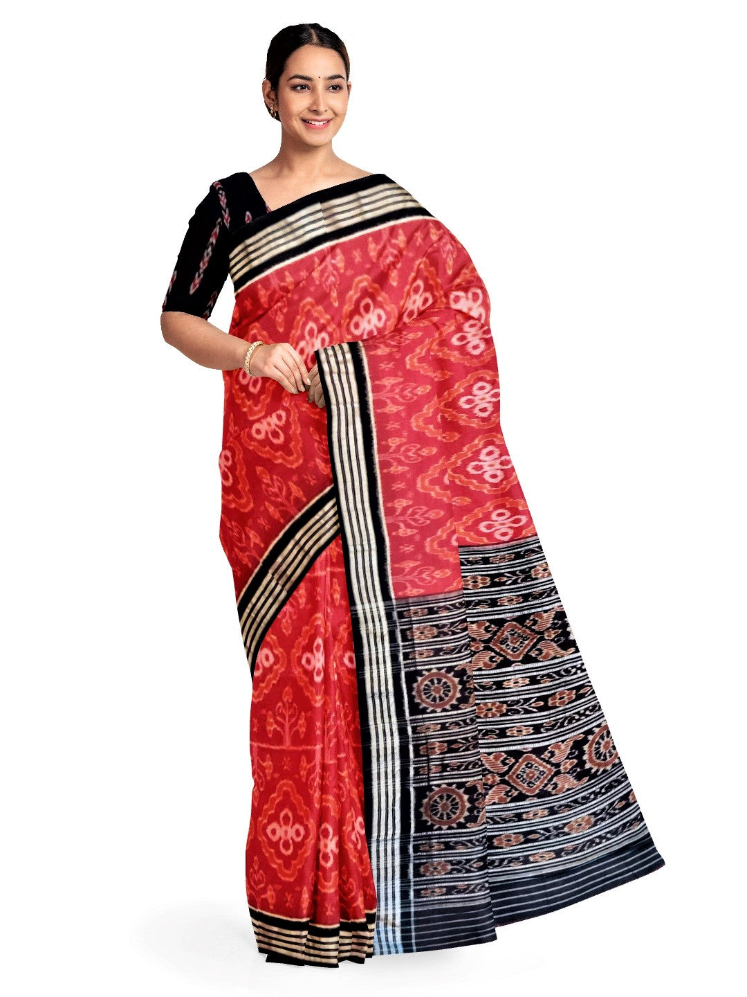 Red and Black Sambalpuri Cotton Saree with black sambalpuri blouse piece