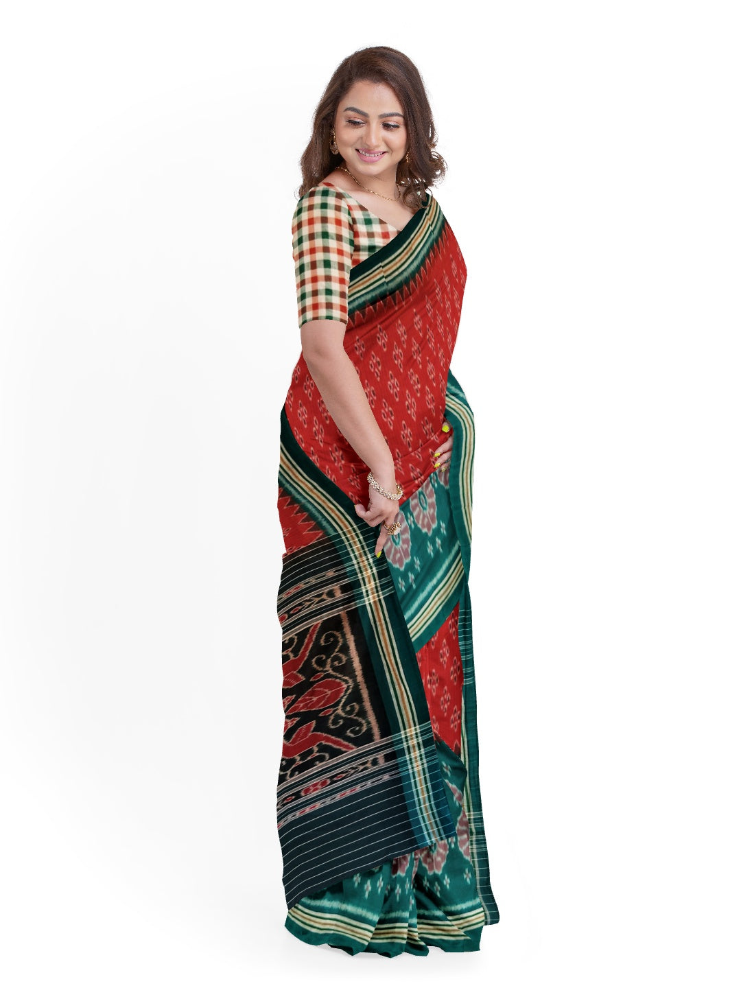 Red Cotton Odisha Ikat saree with sambalpuri ikat blouse piece