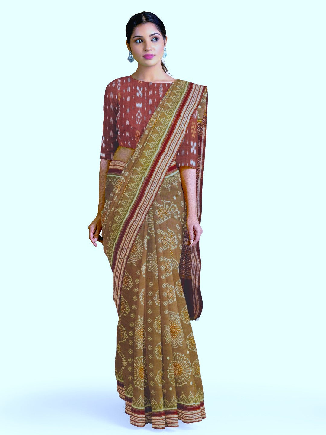 Brown-Maroon cotton Sambalpuri Ikat saree with matching cotton ikat blouse piece