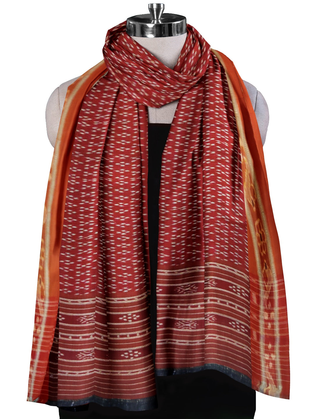 Maroon and Rust Cotton ikat Dupatta with woven motifs