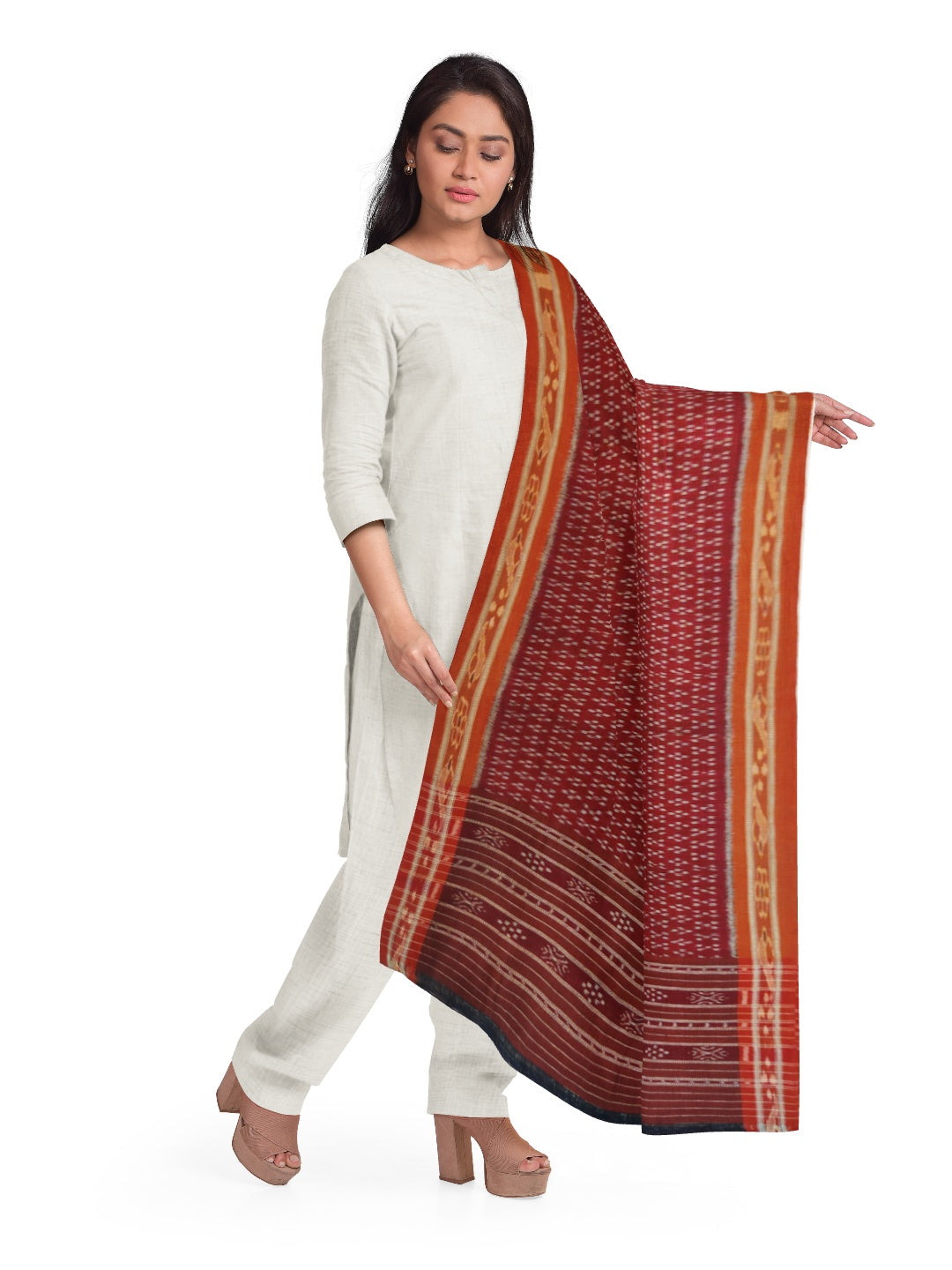 Maroon and Rust Cotton ikat Dupatta with woven motifs
