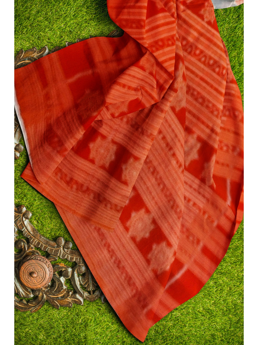 Green and Orange half half Sambalpuri Cotton Ikat saree with running blouse piece