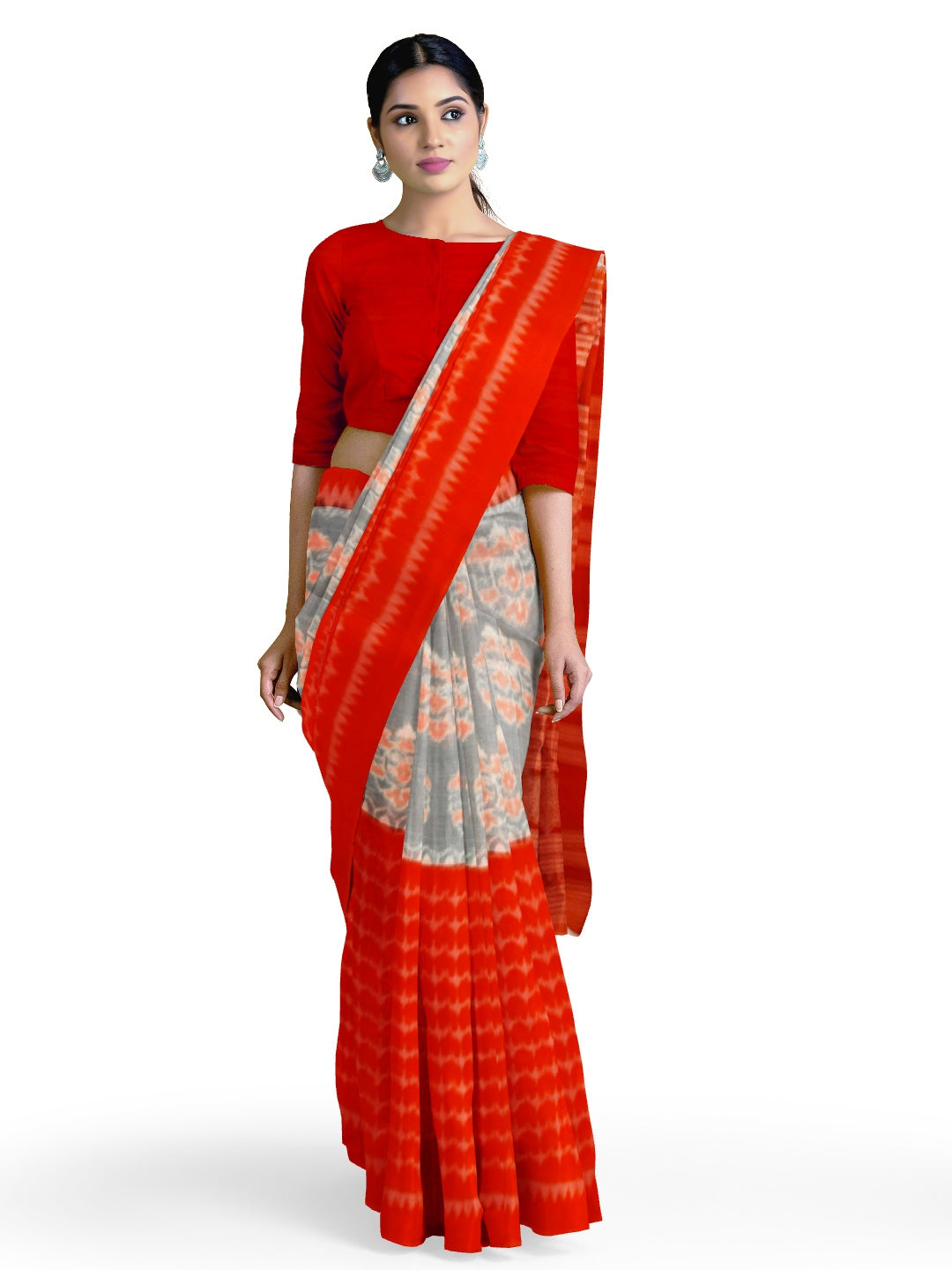 Green and Orange half half Sambalpuri Cotton Ikat saree with running blouse piece