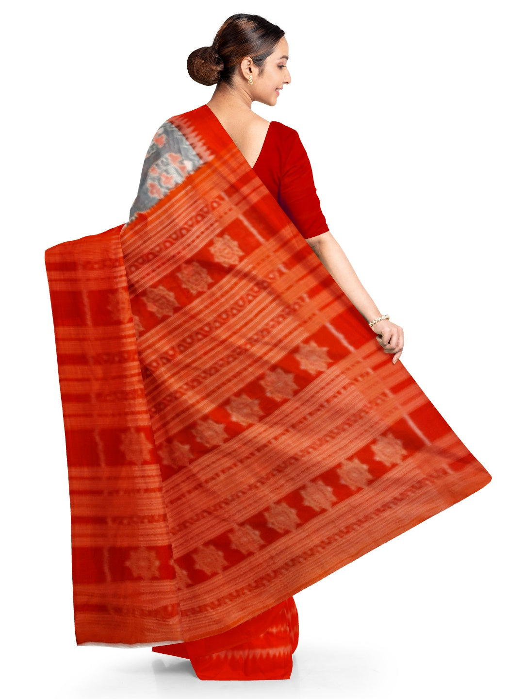 Green and Orange half half Sambalpuri Cotton Ikat saree with running blouse piece