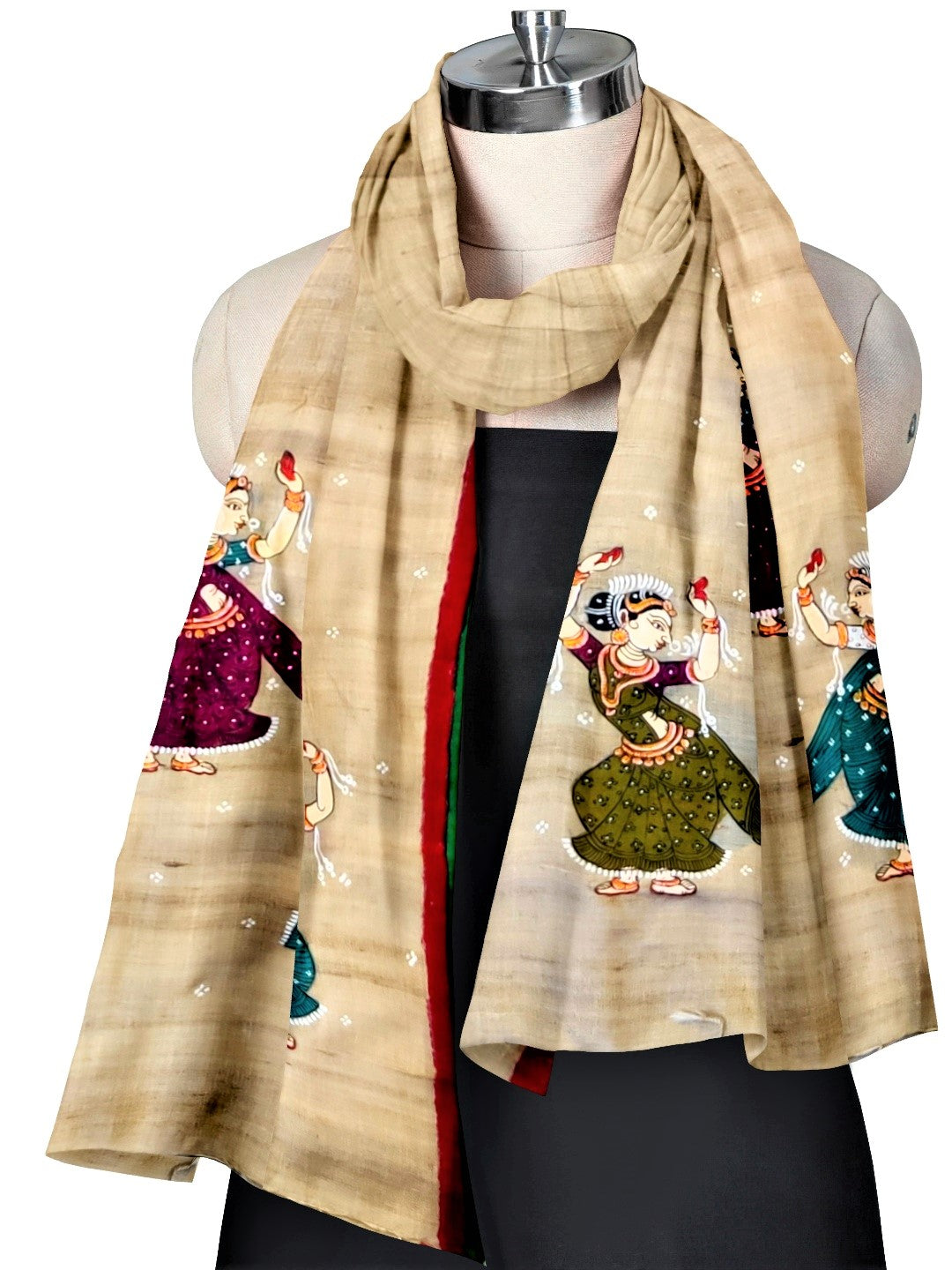 Beige Tussar Silk Stole with handpainted Pattachitra Motifs