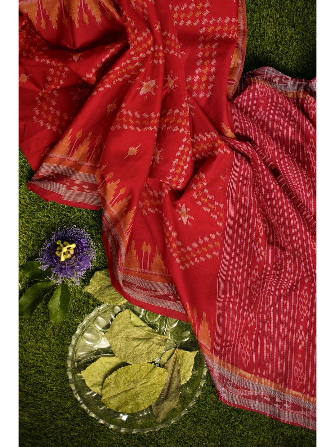 Red Cotton ikat Dupatta with woven motifs