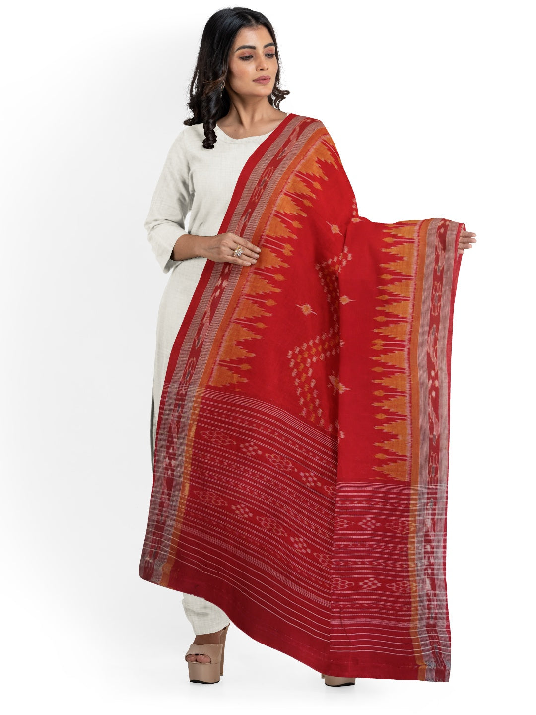 Red Cotton ikat Dupatta with woven motifs