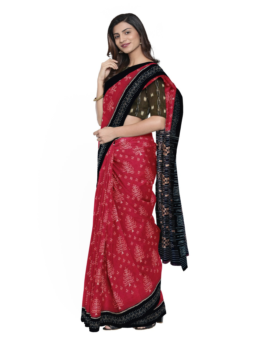 Red & Black Sambalpuri Ikat Saree with matching blouse piece