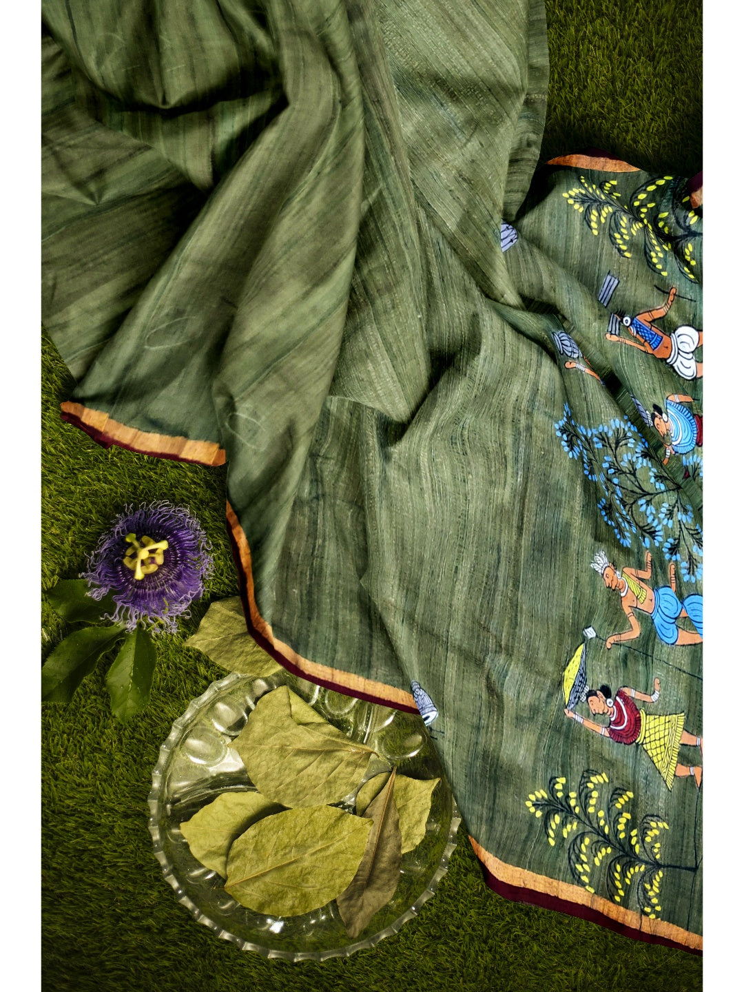 Green Tussar Ghicha Silk Dupatta with handpainted tribal art