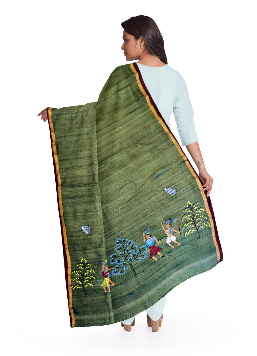 Green Tussar Ghicha Silk Dupatta with handpainted tribal art