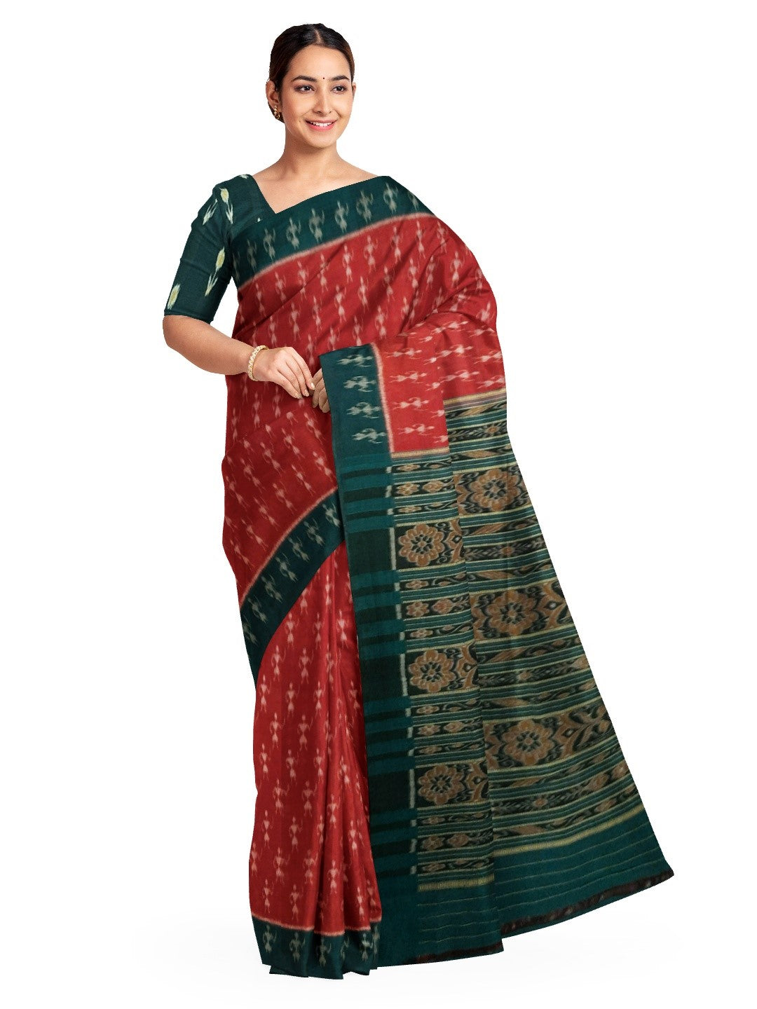 Red and Green Sambalpuri Cotton Saree with matching Sambalpuri cotton blouse