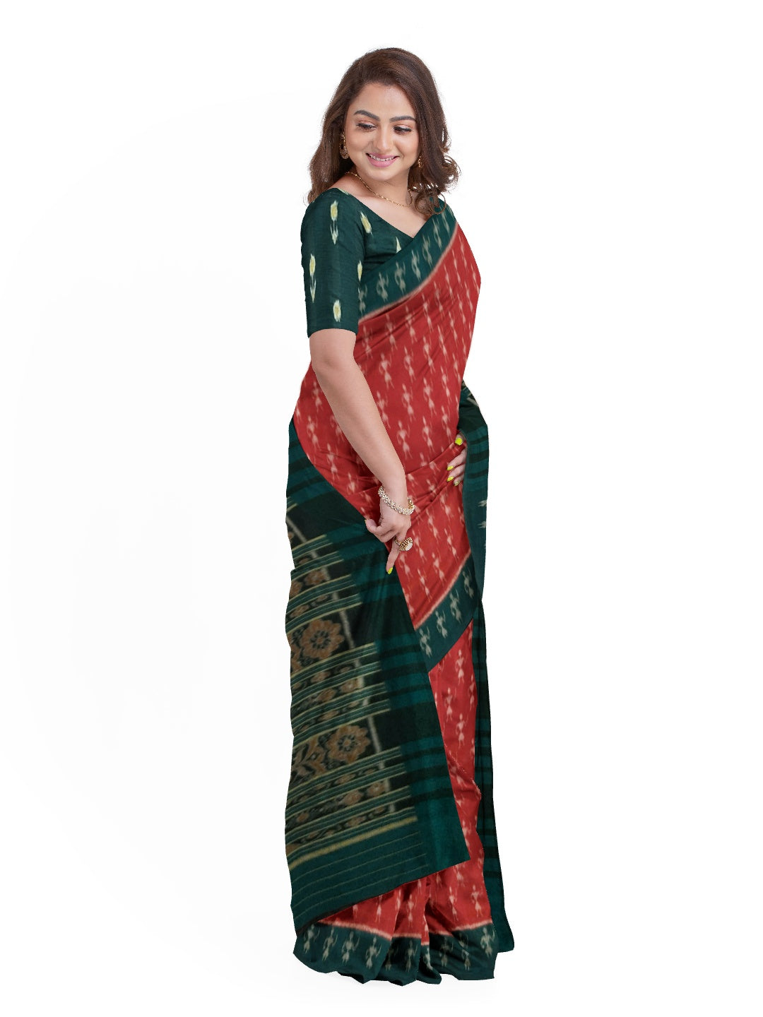 Red and Green Sambalpuri Cotton Saree with matching Sambalpuri cotton blouse
