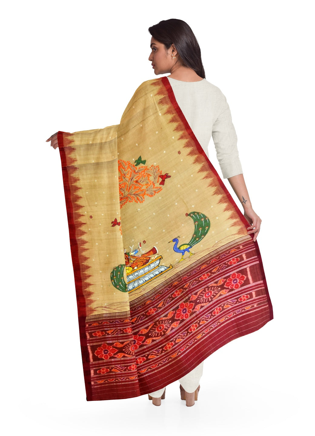 Beige Tussar Silk sambalpuri Dupatta with handpainted Pattachitra art