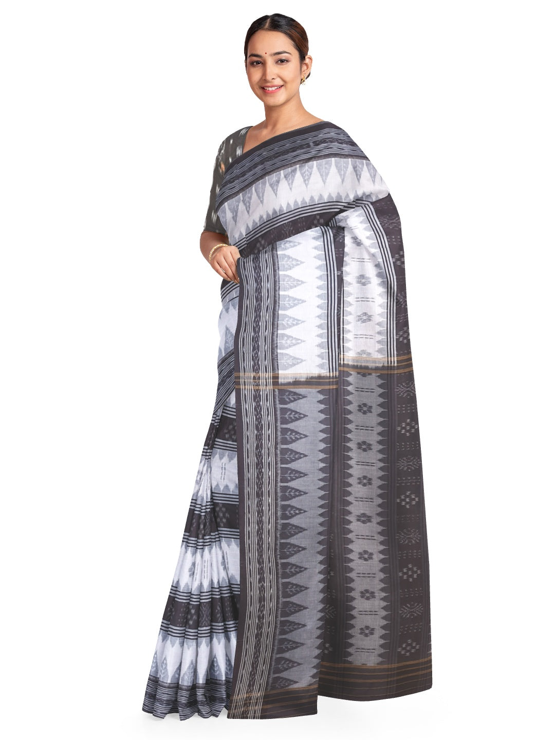 Black and White Cotton Odisha Ikat saree with sambalpuri ikat blouse piece