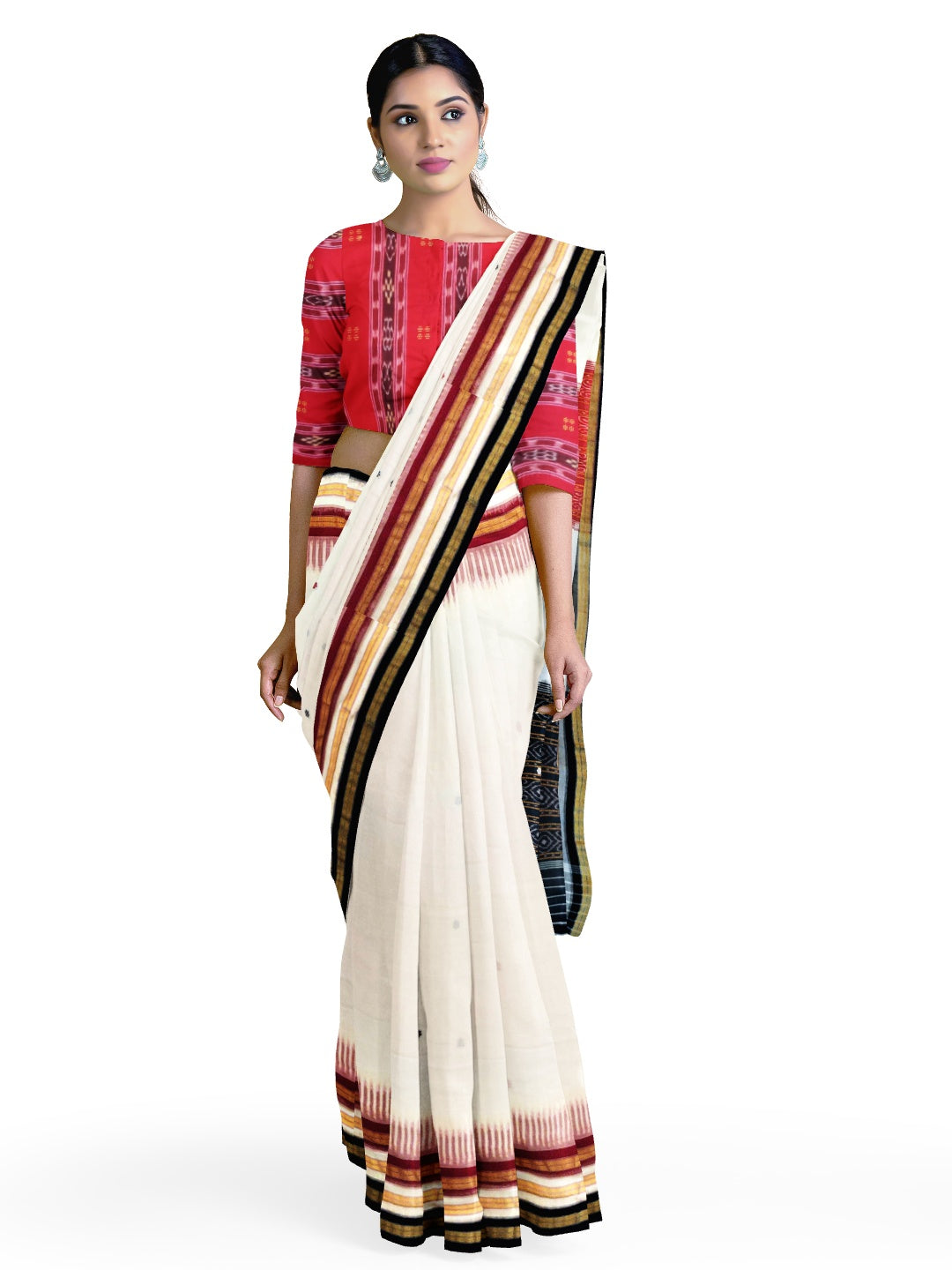 White Kathiphera Odisha Ikat Cotton Saree with sambalpuri blouse piece