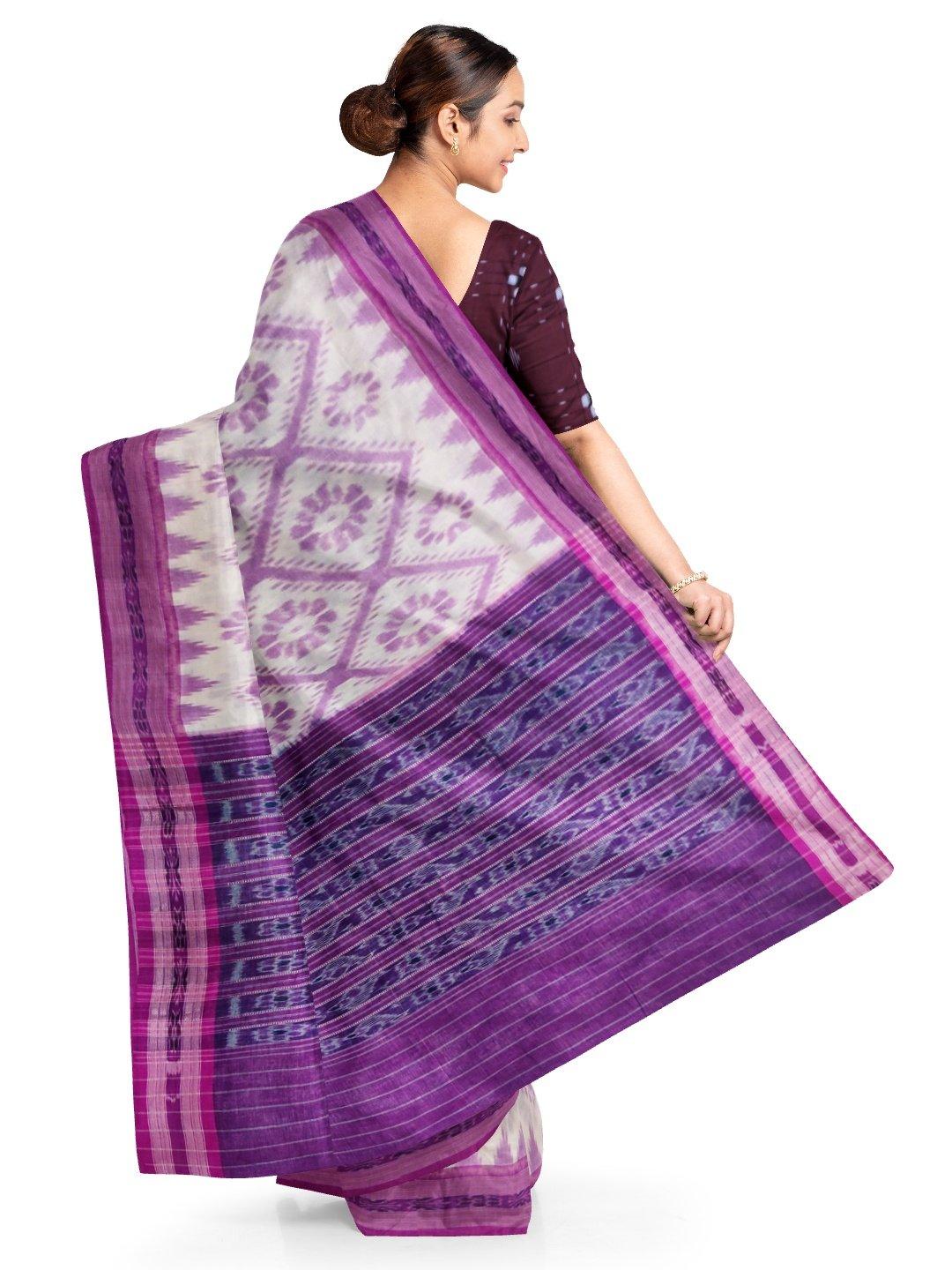 White and Violet Odisha Cotton Saree with matching Sambalpuri Blouse - Crafts Collection