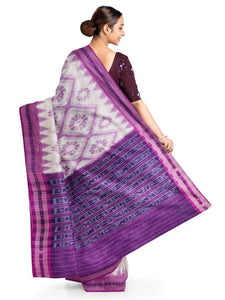 White and Violet Odisha Cotton Saree with matching Sambalpuri Blouse - Crafts Collection