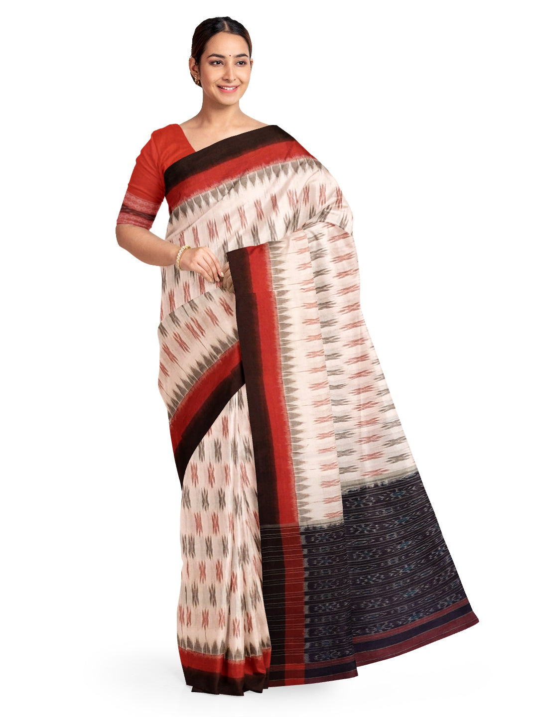White and Red Odisha Ikat saree with cotton Sambalpuri Ikat blouse