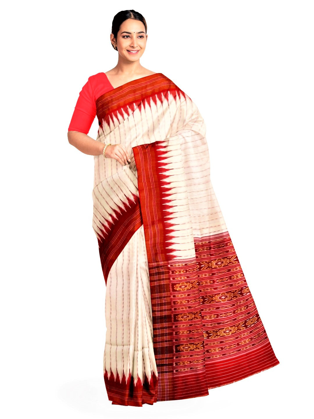 White and Red Khandua Silk Saree