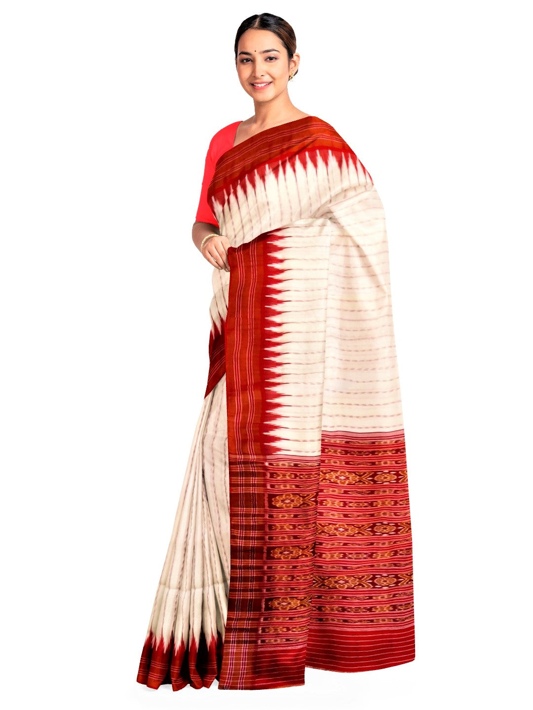 White and Red Khandua Silk Saree