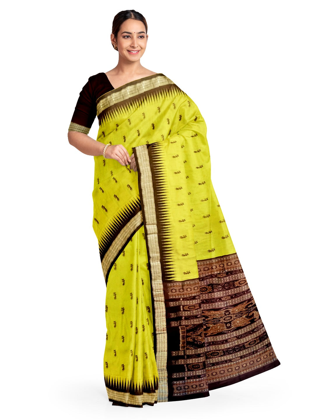 Golden Green Odisha Bomkai Silk Saree woven tribal motifs