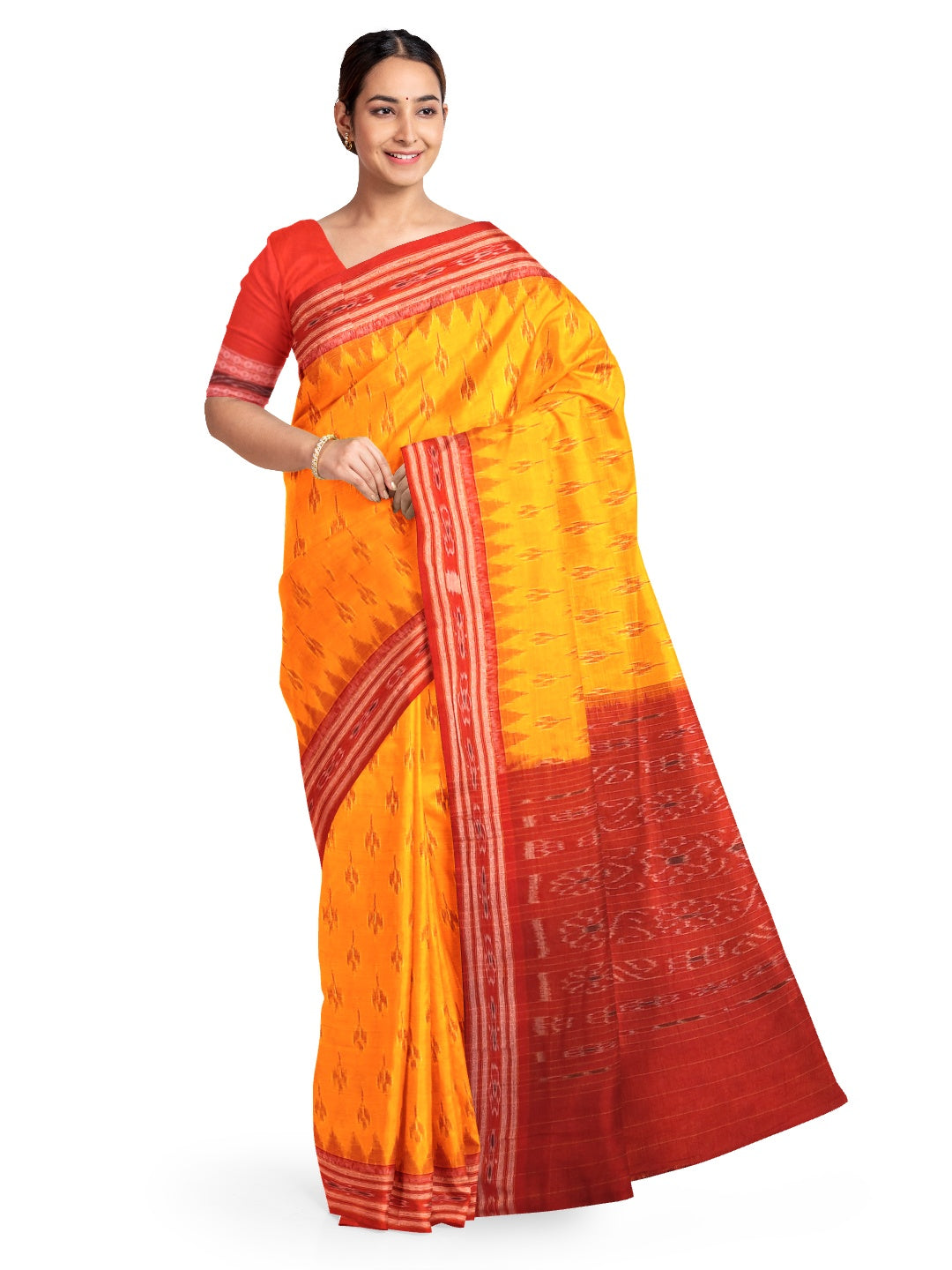 Yellow Cotton Odisha Ikat saree with sambalpuri ikat blouse piece