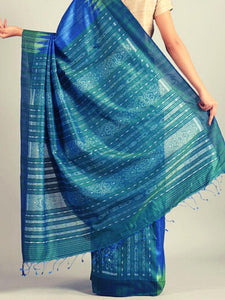 Blue and Green Patli Tussar Ghicha Silk Sambalpuri Ikat Saree - Crafts Collection