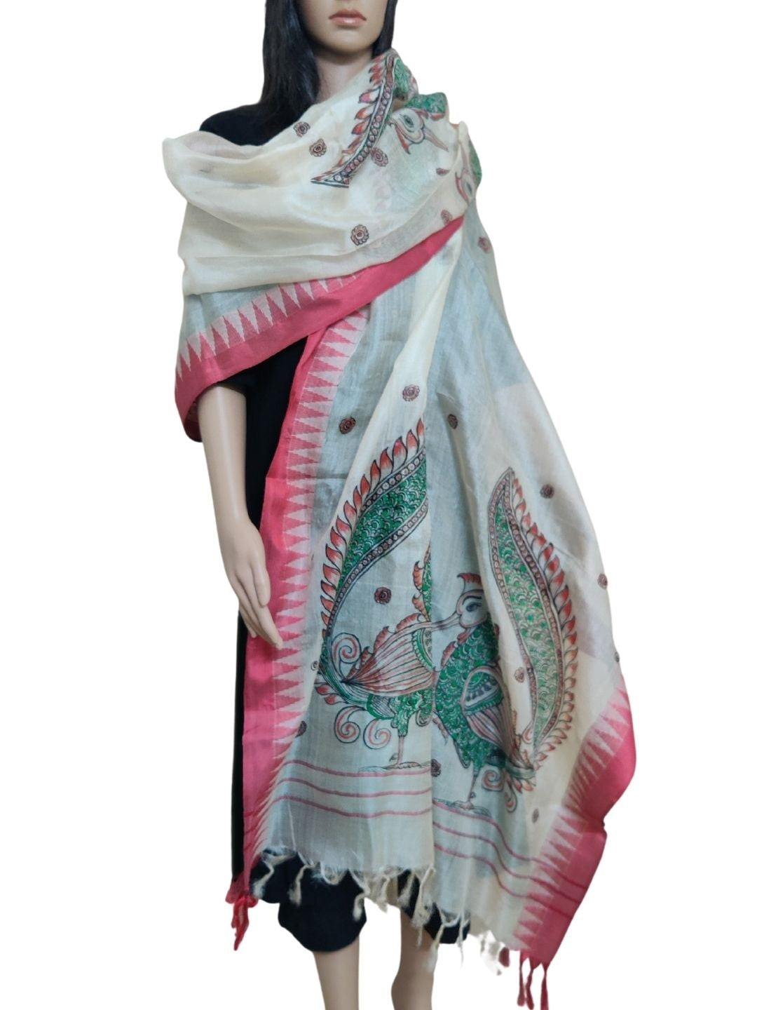 Beige Chanderi Silk Dupatta with Hand Painted Kalamkari Art